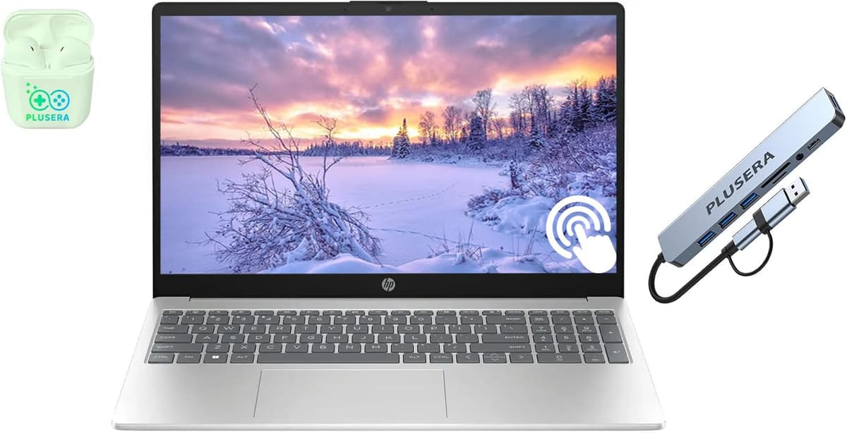 Laptop empresarial HP 15.6" con pantalla táctil, Intel Core i3 de 6 núcleos, Windows 11, audífonos PLUSERA, plateado (Intel Core i3, 16GB RAM | 1TB almacenamiento)