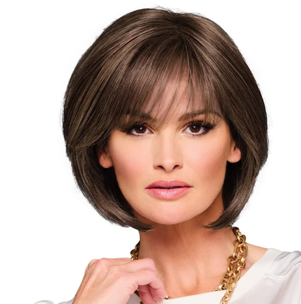 Raquel Welch te hizo lucir con bob chic a la altura de la barbilla, 100% hecho a mano por Hairuwear, copa pequeña-media, RL4/10SS Iced Java