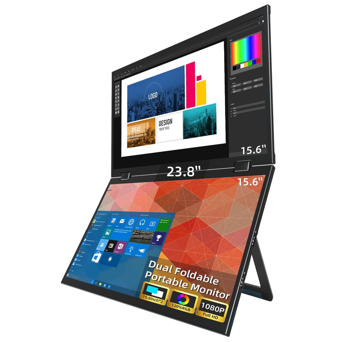 Virzen Monitor portátil plegable triple de 15.6" con doble pantalla y extensor VESA 1080P FHD IPS para laptop/PC, rotación 360° y soporte para Windows, macOS, smartphone, PS5, Switch TS0417-B700ML-M934