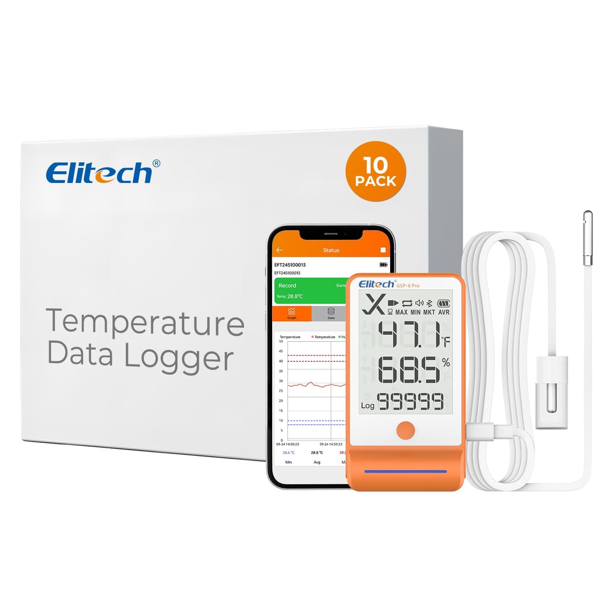 Elitech GSP-6Pro-GLE/THE-10Pack Registrador Bluetooth de Temperatura para Refrigerador 100000 puntos