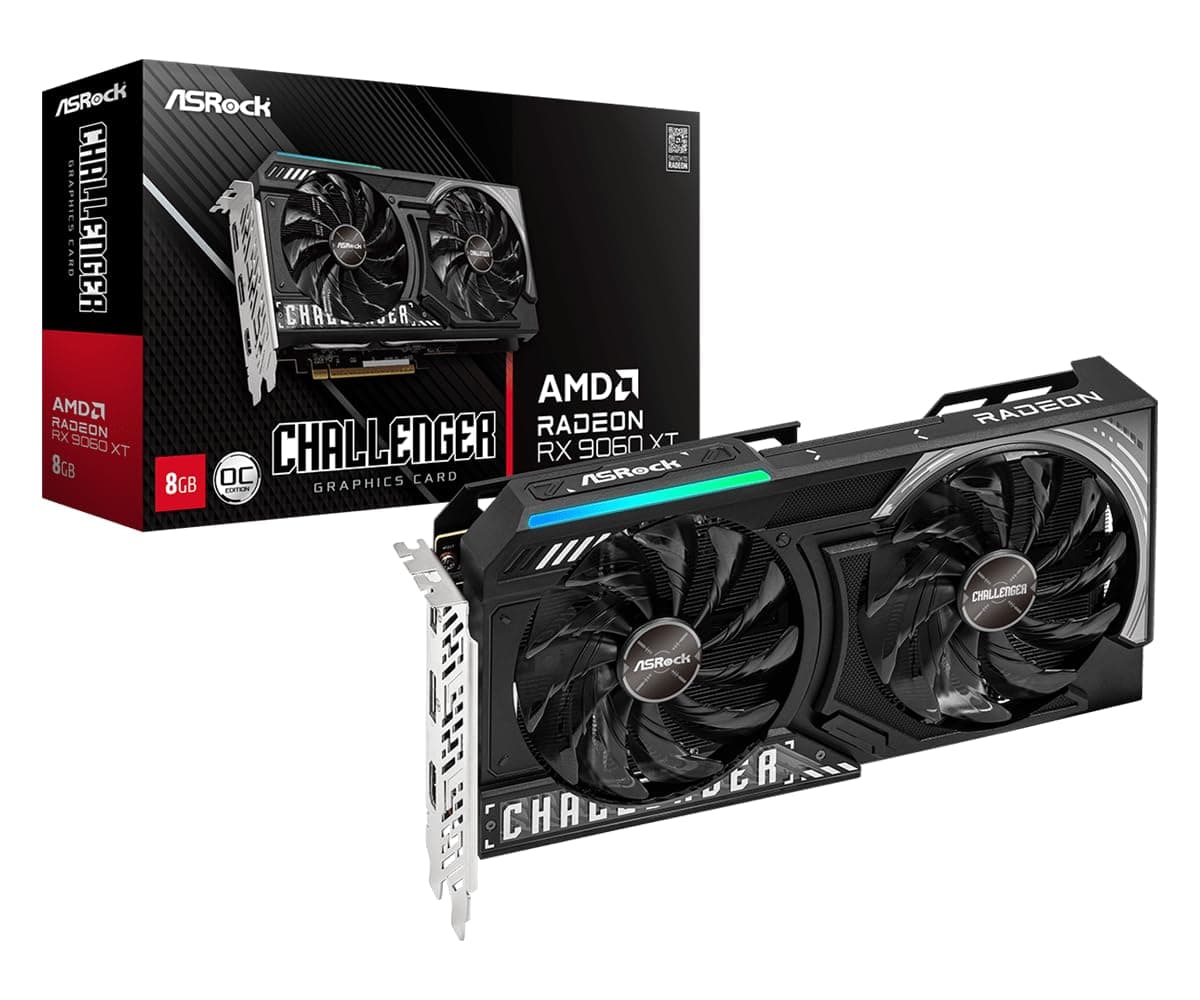 ASRock Radeon RX 9060 XT Challenger 8GB GDDR6 OC Tarjeta Gráfica | 3290 MHz Boost | Doble Ventilador | Refrigeración 0dB | Backplate Metálico | PCIe 5.0 | DisplayPort 2.1a, HDMI 2.1b 90-GA5TZZ-00UANF