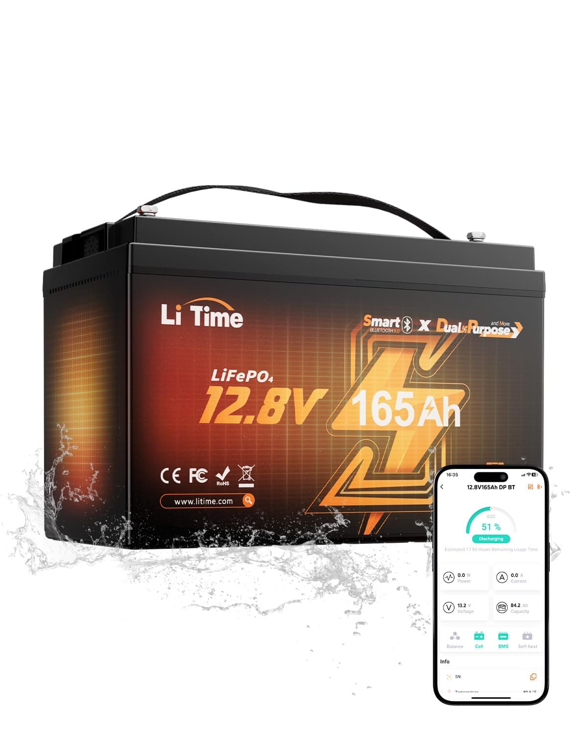 Litime Batería Marina LiFePO4 12V 165Ah Dual Purpose - 1200CCA, Group 31 L12V165-150-DP-BT-CCA1K2-4-A100