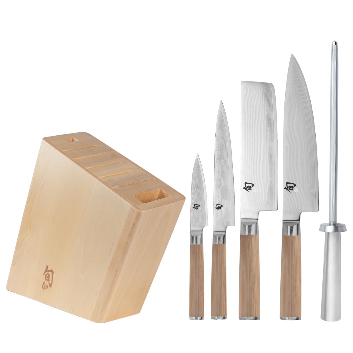 Shun Classic Blonde Set de 6 Piezas con Bloque - Chef 8", Paring 3.5", Utility 6", Nakiri 6.5", Afilador y Bloque DMS0600W