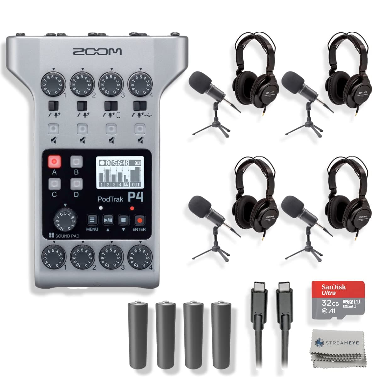 StreamEye Zoom PodTrak P4 Portable Podcast Recorder - Bundle 4 mic