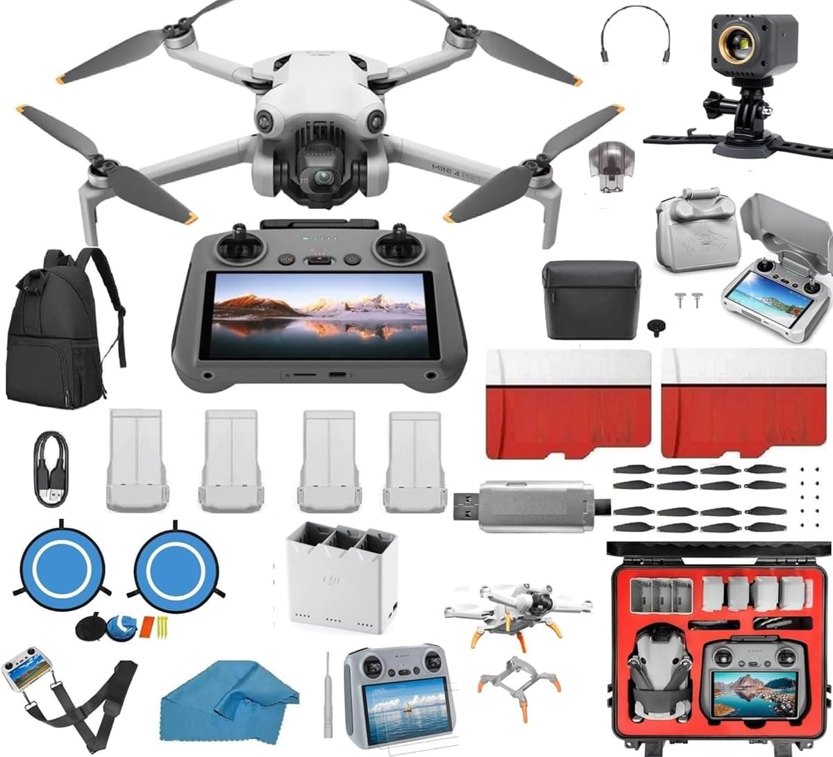 Koozam Paquete Mega DJI Mini 4 Pro con 4 baterías, DJI RC2 y accesorios (2x128GB, case, luces y más)