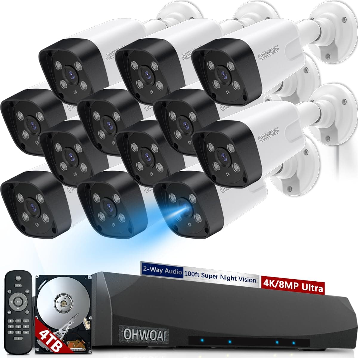 OHWOAI «Lente Gran Angular 130° y Modo de Doble Energía» Sistema de Cámara de Seguridad CCTV para Exteriores con Audio Bidireccional, Cámaras IP Cableadas 8.0MP, Equipo de Video de Vigilancia para Hogar con NVR 4K OH-4KPOE-12L4TB