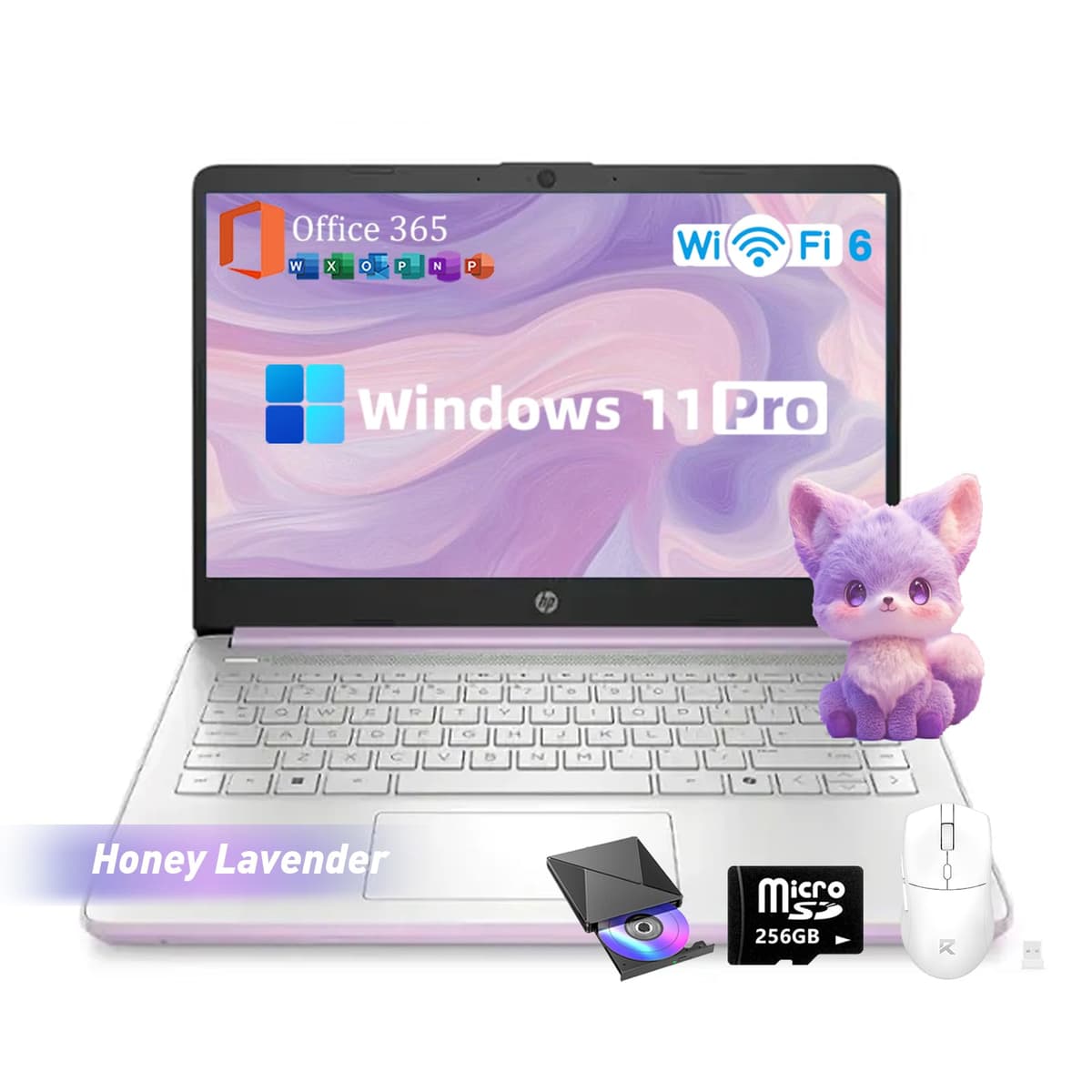 HP 2025 Flagship Portátil de 14", 16GB RAM, 384GB Almacenamiento (128GB UFS + 256GB MSD), Windows 11 Pro, 1 Año Office 365, Tecla Copilot, Wi-Fi 6, Intel N150, Pantalla LED 14" 250 nits, Honey Lavender N-Series