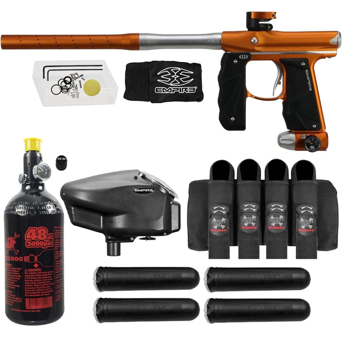 Maddog Empire Mini GS - Paquete starter de paintball con marcador .68, tanque HPA, loader y accesorios (Dust Tangerine/White) 2092-17357