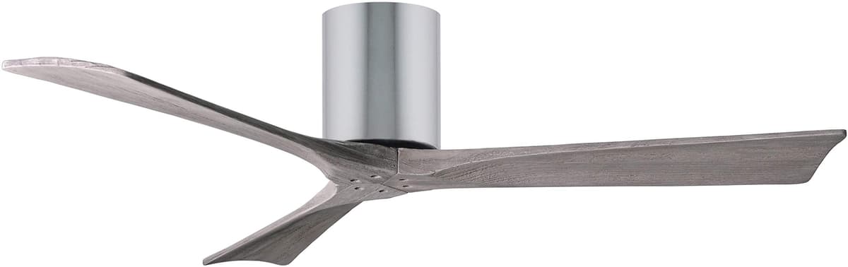 Matthews IR3H-CR-BW-52 Irene Ventilador hugger 52" interior/exterior con control remoto y pared, motor DC silencioso, 3 aspas barn wood, cromo pulido
