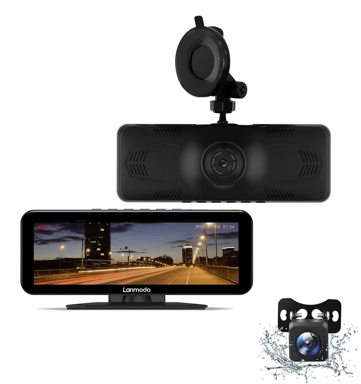 LANMODO Vast Pro Dash Cam con Cámara Trasera Impermeable y Visión Nocturna a Color