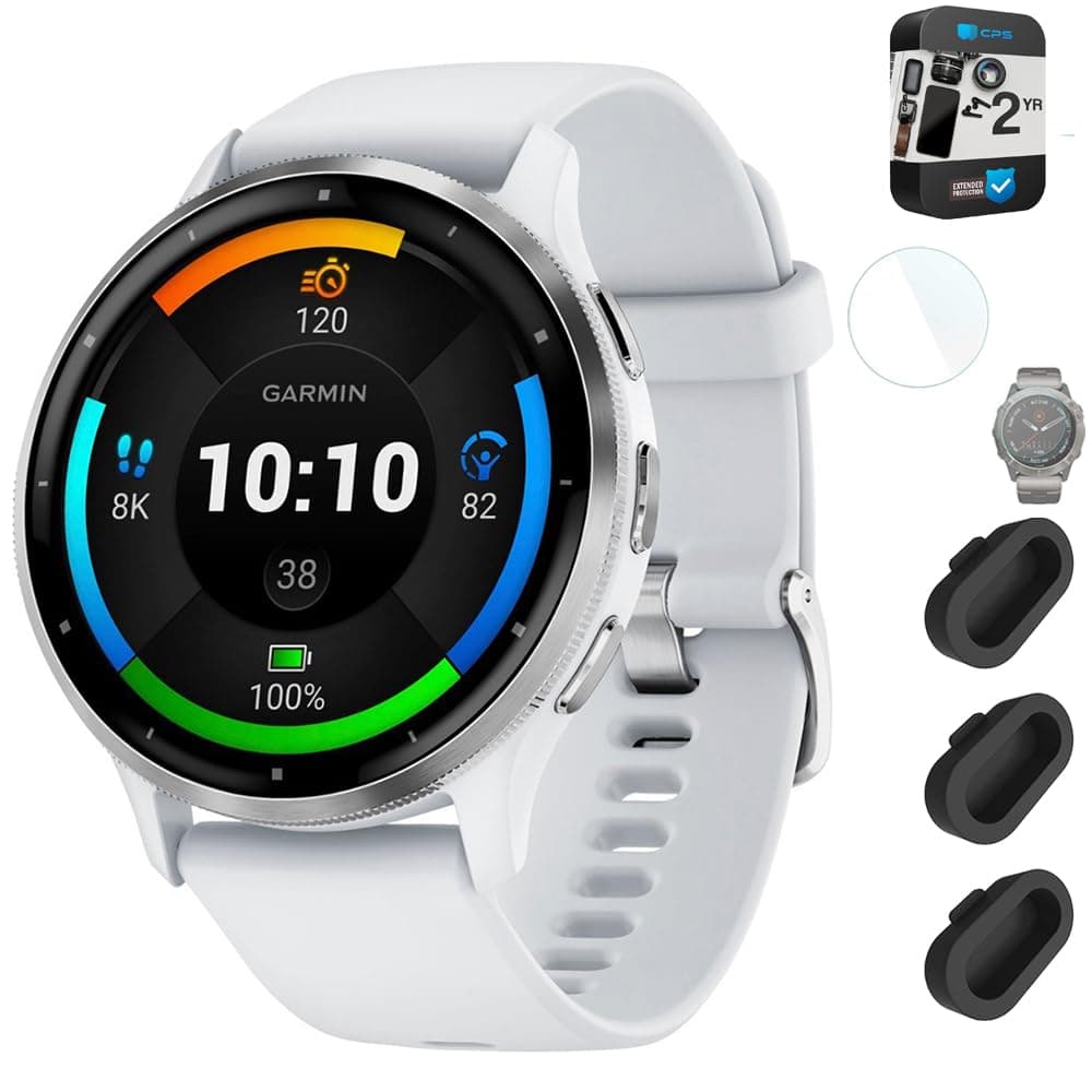 Garmin Venu 3 Reloj Inteligente GPS de Salud y Fitness Bisel de Acero Plateado con Funda Whitestone (45 mm) Paquete con Protección de 2 Años + Fundas de Silicona Deco Essentials contra Polvo - Paquete de 3 + Protector de Pantalla de 1.4 Pulgadas E990GRVENU3SW