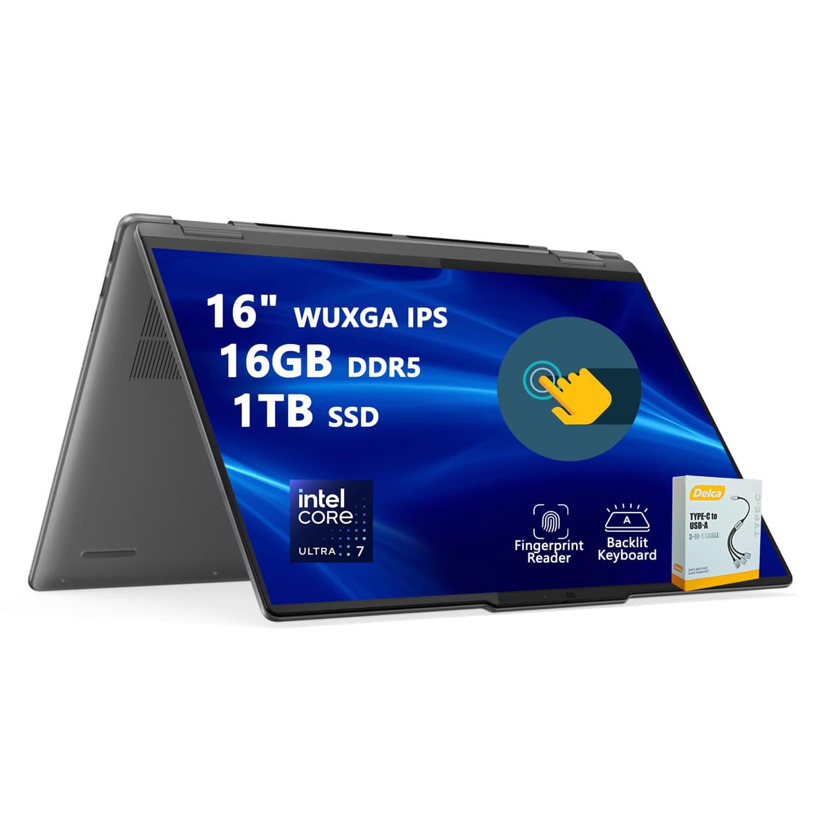 Lenovo Yoga 7 16 2 en 1 PC portátil con IA | Pantalla táctil IPS WUXGA de 16" | Intel 12 núcleos Ultra 7 155U | 16GB DDR5 1TB SSD | Cámara FHD IR con retroiluminación, lector de huellas, Thunderbolt 4, Win11 con accesorio DLCA