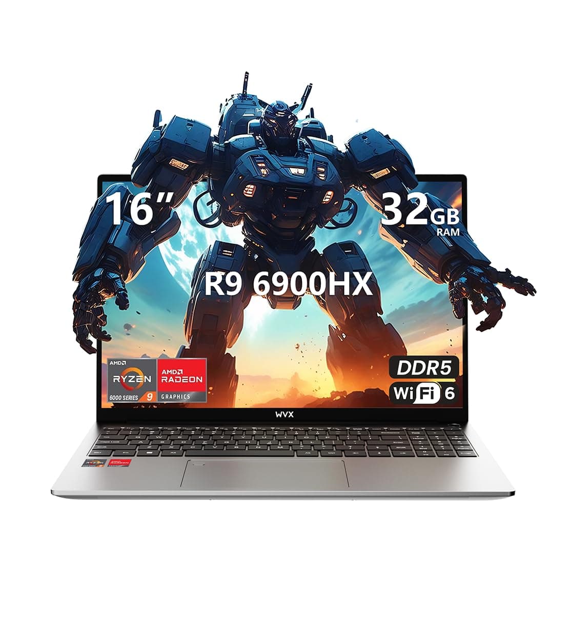 WVX Laptop para juegos AMD Ryzen 9 6900HX (32GB RAM) (4.9 GHz, 8C/16H) Gráficos AMD Radeon 680M (>1050 Ti) 16" FHD 512GB SSD Wi-Fi 6 Bluetooth 5.2 DDR5 Batería 58Wh A02