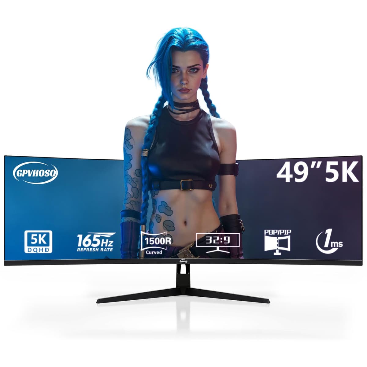 GPVHOSO Monitor Curvo Ultrawide para Juegos de 49 Pulgadas, Monitor de Computadora 5K (5210x1440), 165Hz, 1500R HDR10, 32:9, AMD FreeSync, 125% sRGB, Altavoces Integrados, HDMI/DP VESA100×100mm 49 Inch 5K 1654HZ Monitor