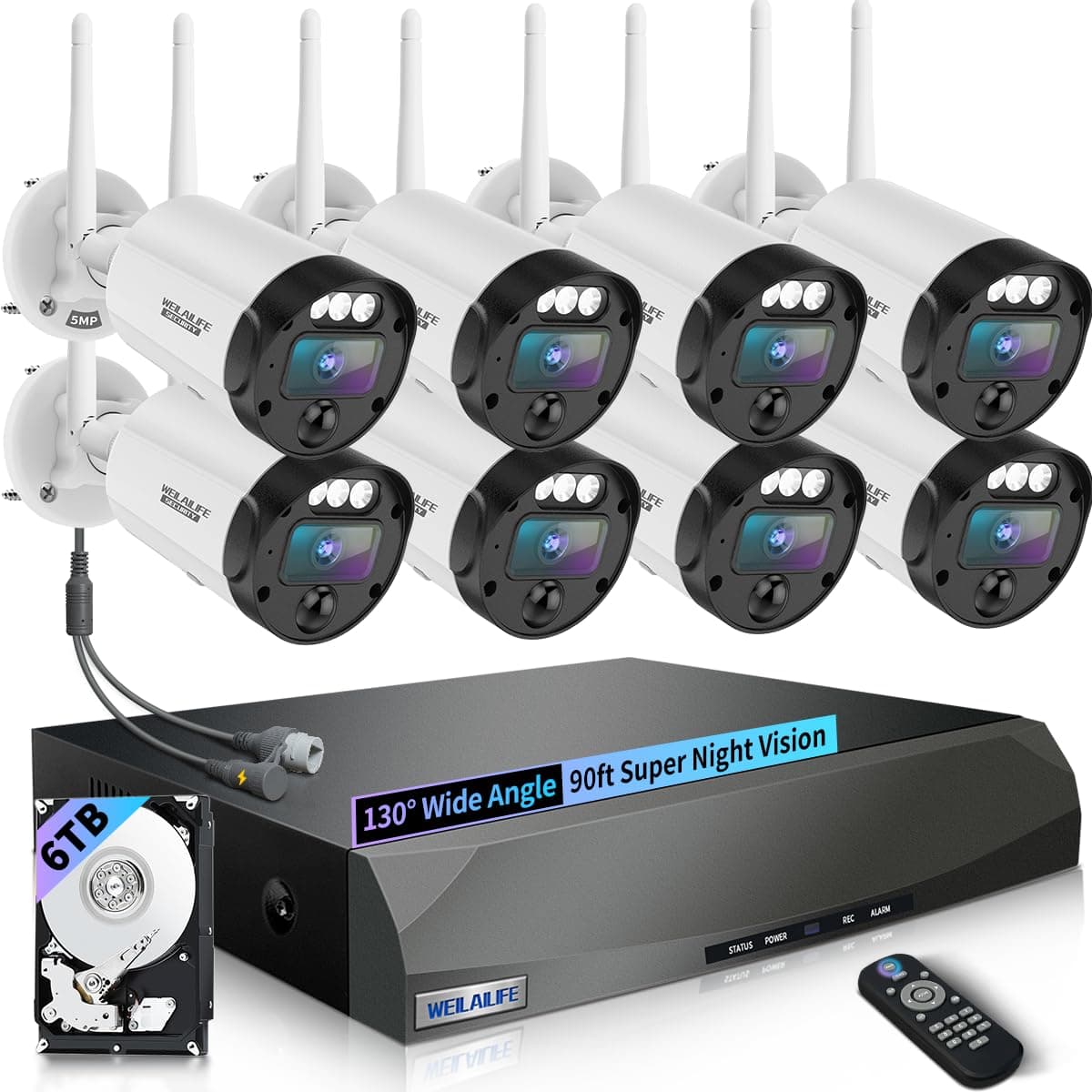 WEILAILIFE 【Visión Nocturna Super de 90 pies】 Sistema de Cámaras de Seguridad Inalámbricas 5MP para Exterior, Cámaras Inalámbricas para Seguridad del Hogar, Cámaras de Video para el Hogar, Kits DVR de Vigilancia WiFi CSWL-07SW5MP03-8ch+3.5"6TB-BW