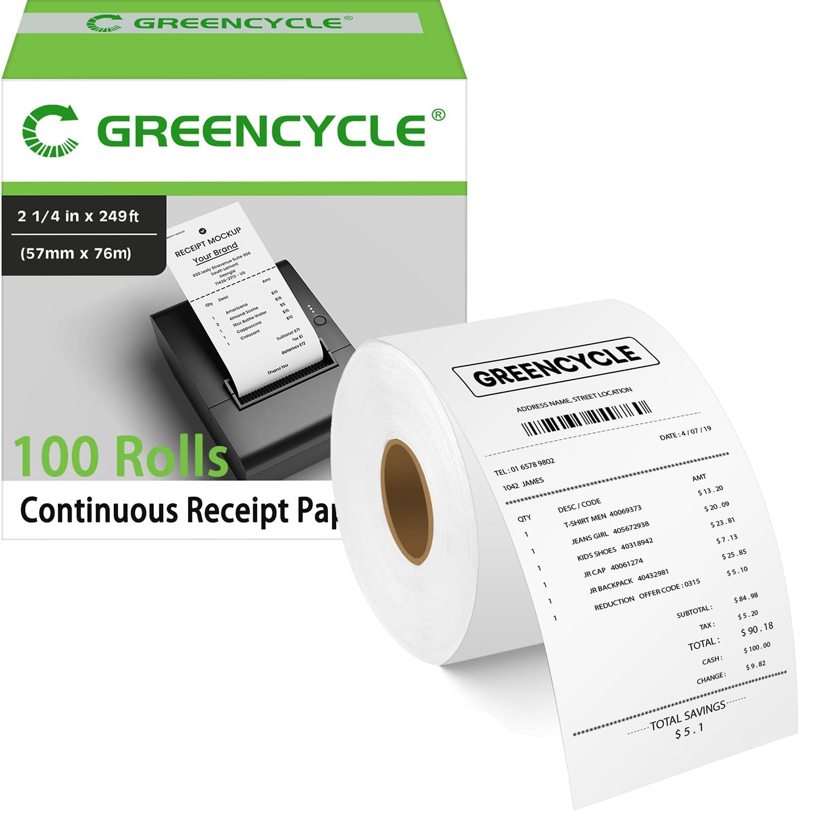 GREENCYCLE 100 rollos compatibles con Dymo 30270 papel térmico continuo 2-1/4 x 250' blanco M-TC-DM-A30270-100PK-2108