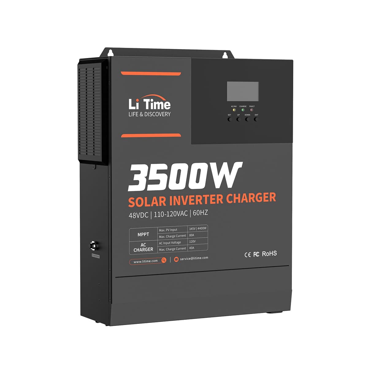 Inversor Cargador Solar LiTime 3500W Onda Senoidal Pura, 48V CC a 120V CA Todo-en-Uno, con Controlador de Carga MPPT Incorporado de 80A, para Batería 48V de Plomo/LiFePO4, Almacenamiento de Energía Doméstica, Fuera de Red L-HYBINV-48V3KW-S