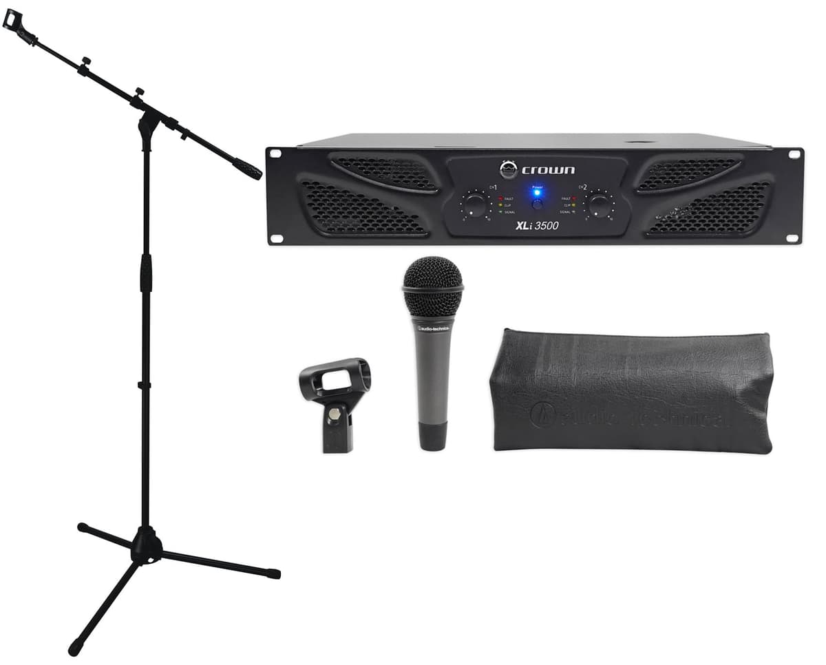 Bundle Crown Pro XLi3500 2700W 2-Canales con Micrófono Audio-Technica y Soporte Rockville XLI3500+D5C+RVMIC1