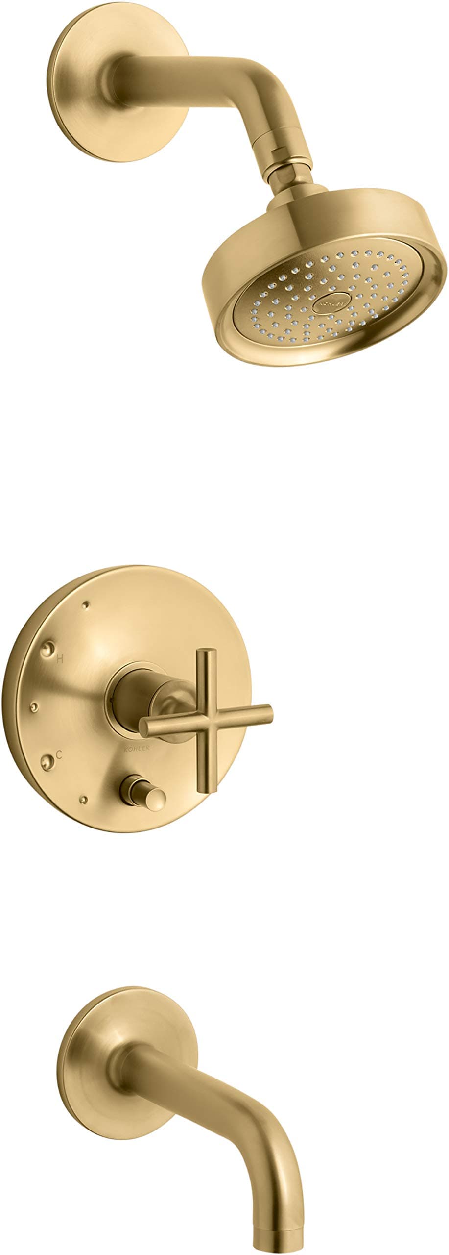 KOHLER Purist Rite-Temp: Grifo de baño y ducha con desviador botón, pico 7-3/4 in y manija cruz K-T14421-3-2MB