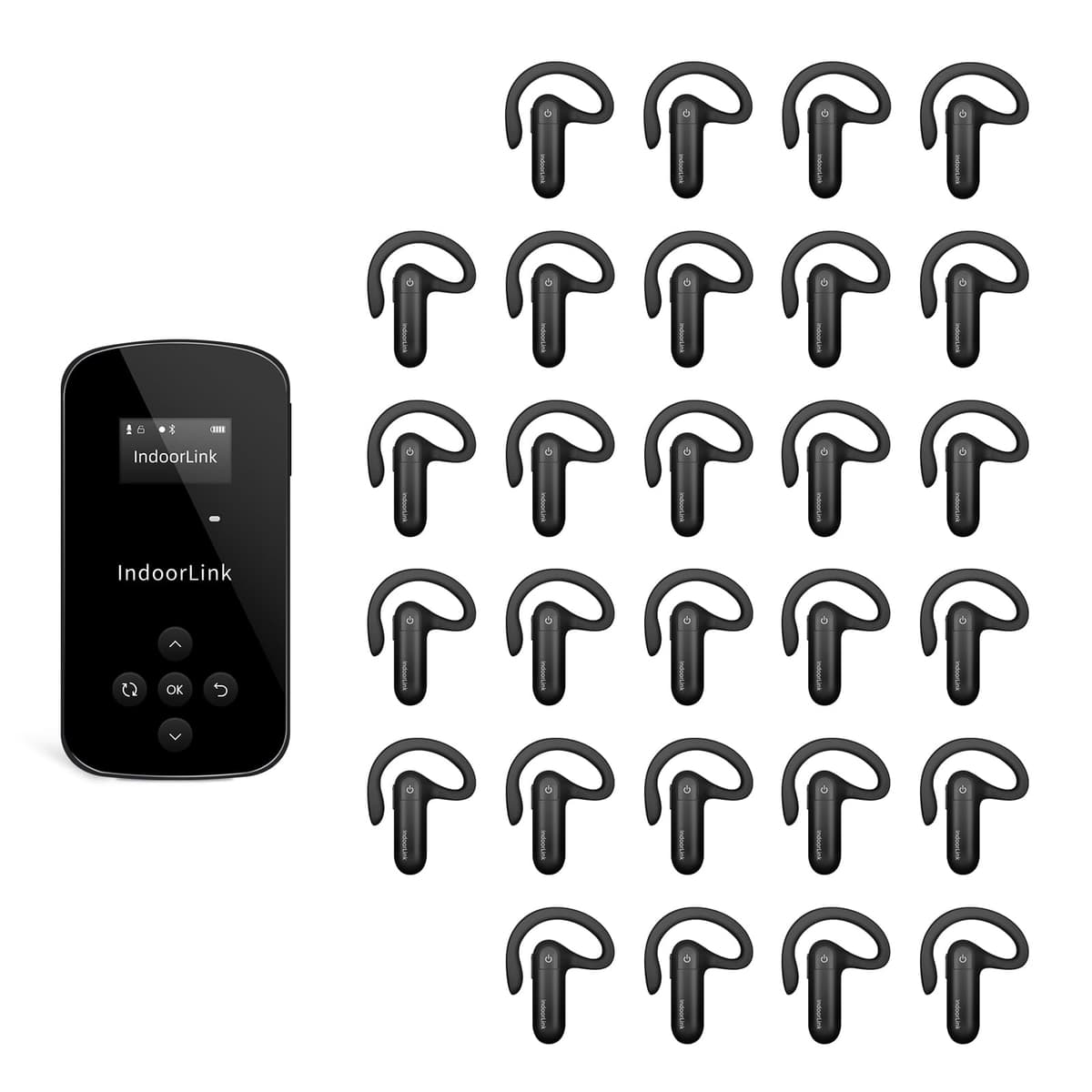 IndoorLink E211+E103 Sistema inalámbrico para guías turísticas - 1 transmisor de mano y 28 receptores, rango amplio