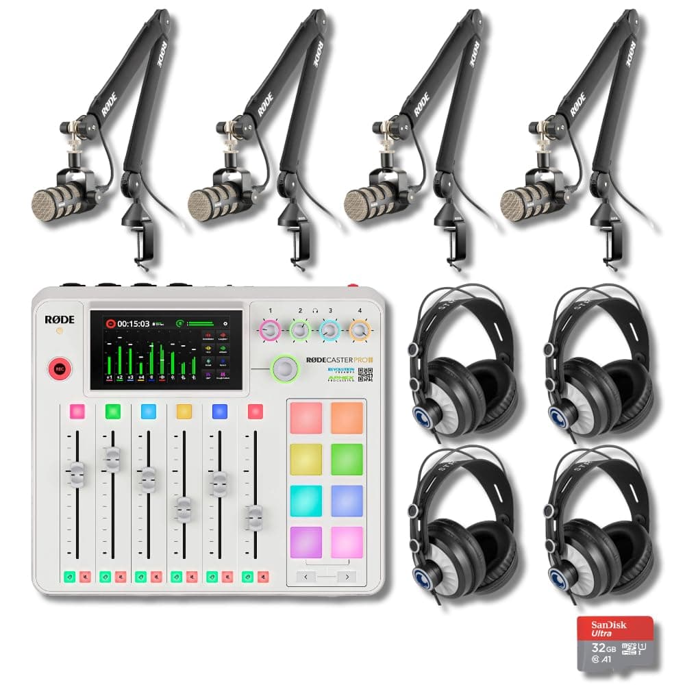 StreamEye RODECaster Pro 2 (White) Consola de producción con 4 PodMic, brazos PSA1+ y accesorios RCP 2 White - Four Person Bundle