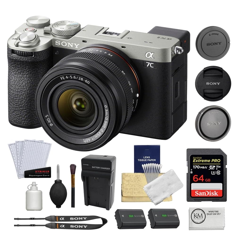 Sony a7C II Mirrorless con Lente 28-60mm | Silver Bundle con 64GB, Batería y Accesorios BSONILCE7CM2LS-001