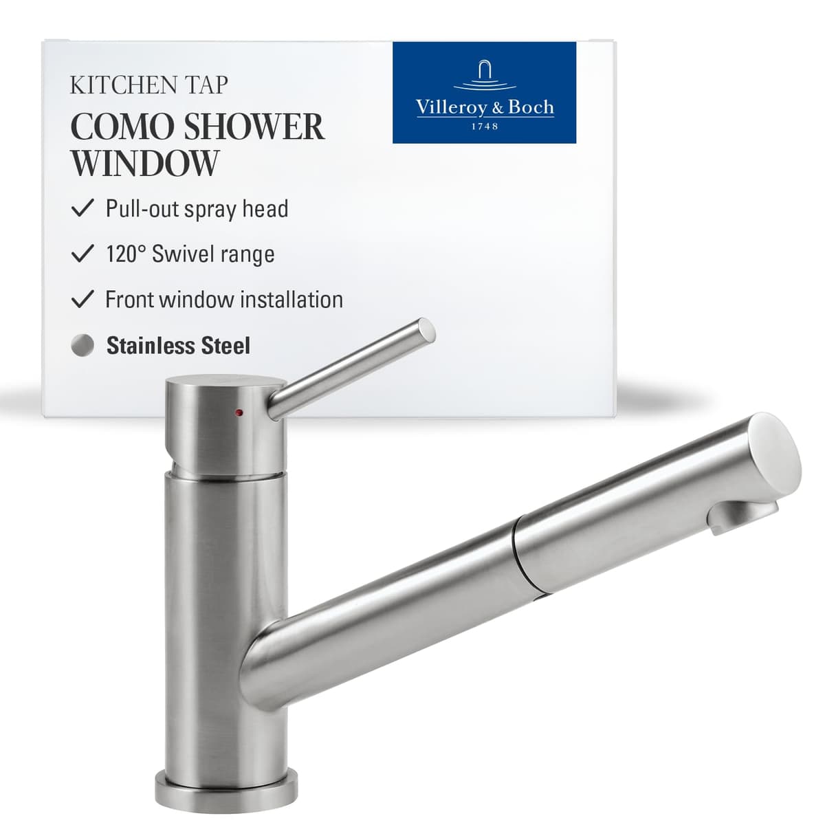 Villeroy & Boch Grifo mezclador para lavabo de cocina con alcachofa y ventana de ducha, acero inoxidable 925800LC