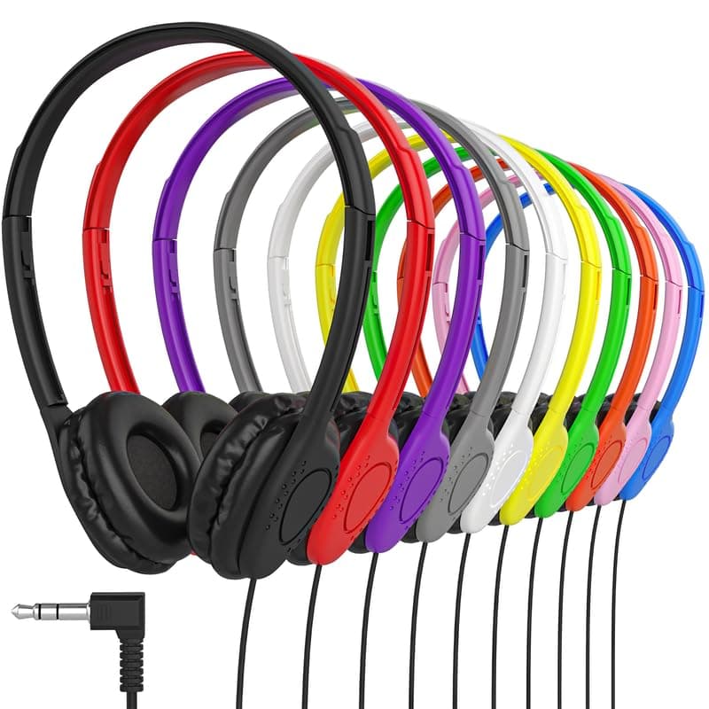 Maeline Auriculares Infantiles On-Ear para Escuela y Viajes - Pack de 500, Multicolor, Conector 3.5mm