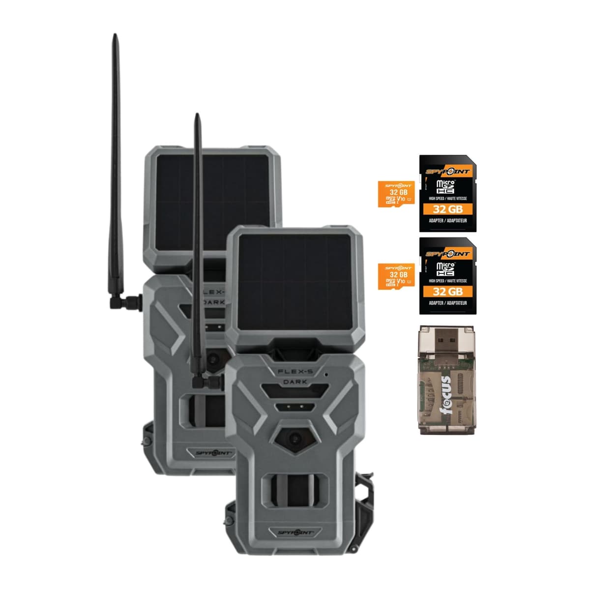 Cámara de rastreo celular SPYPOINT Flex-S Dark con panel solar, doble SIM y tarjeta MicroSD de 32GB (paquete de 2)