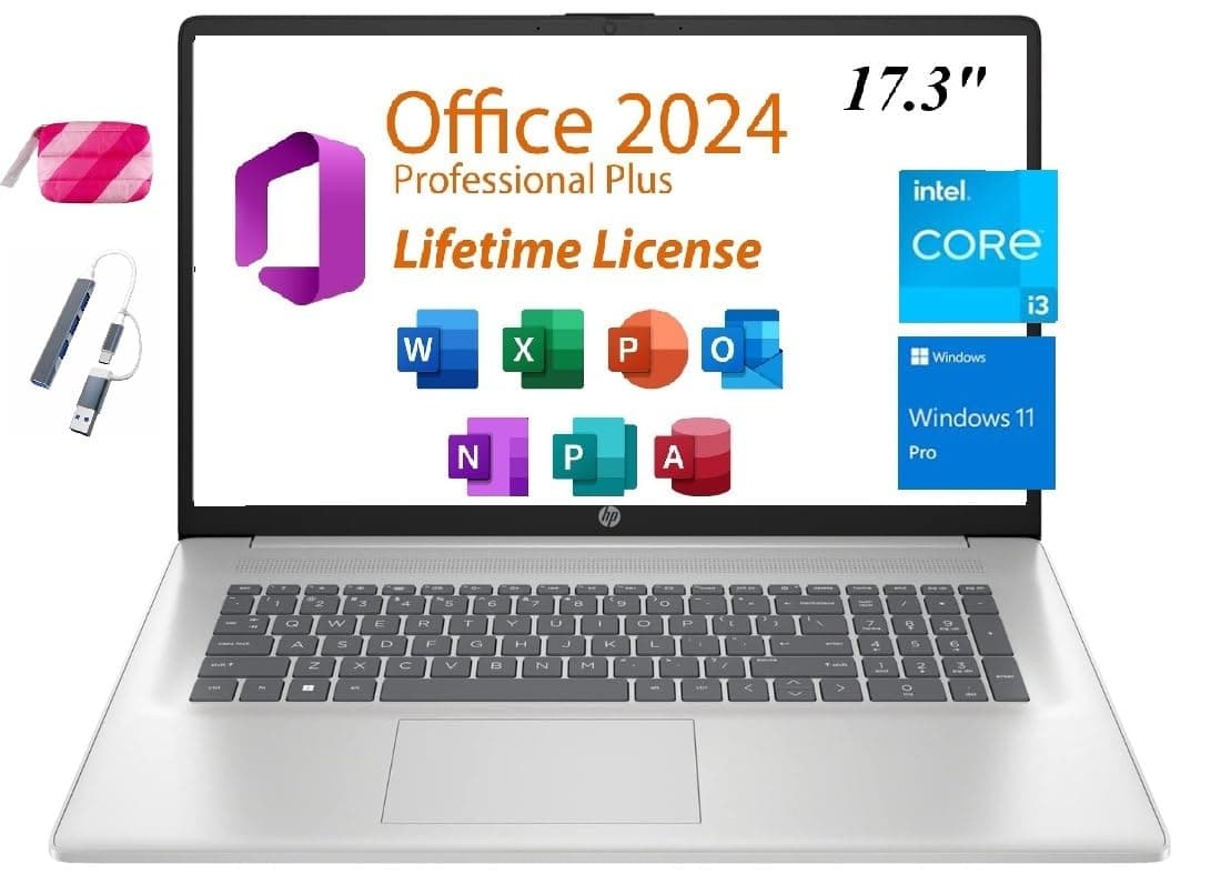 HP 2025 Premium 17 Notebook, pantalla HD+ de 17.3”, Office 2024 de por vida, Intel Core i3-N305, 16GB RAM, 256GB SSD PCIe, Wi-Fi 6, HDMI, cámara web, Windows 11 Pro, plateado TPN-I139_320M3AV