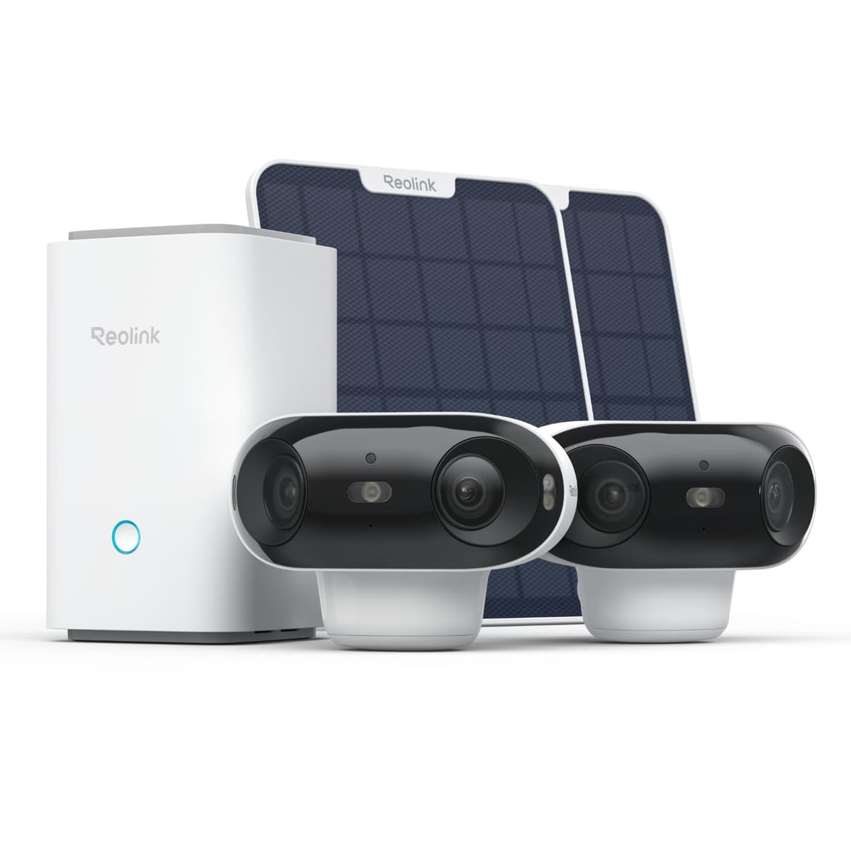 REOLINK Cámara de Seguridad Exterior Inalámbrica 4K de Doble Lente 180°, Visión Nocturna ColorX, Cámaras Solares con Almacenamiento Local Encriptado, WiFi 6 5G/2.4GHz, Sin Suscripción, Hub Doméstico con 2X Argus 4 Pro REOLINK Home Hub with 2X Argus 4 Pro+SP