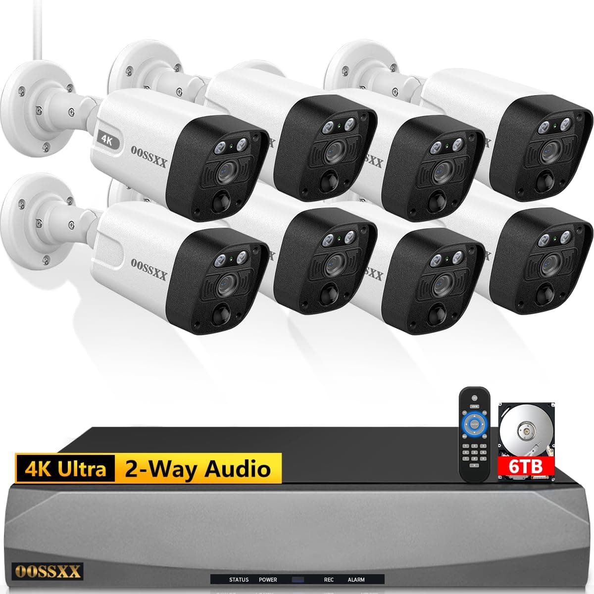 OOSSXX (90 Días de Almacenamiento y 4K / 8.0 Megapíxeles) Cámara de Seguridad Exterior PoE con Audio Bidireccional, Ángulo Ultra Gran Angular de 130° Sistema de Videovigilancia para el Hogar 4K Ultra HD 2-Way Audio