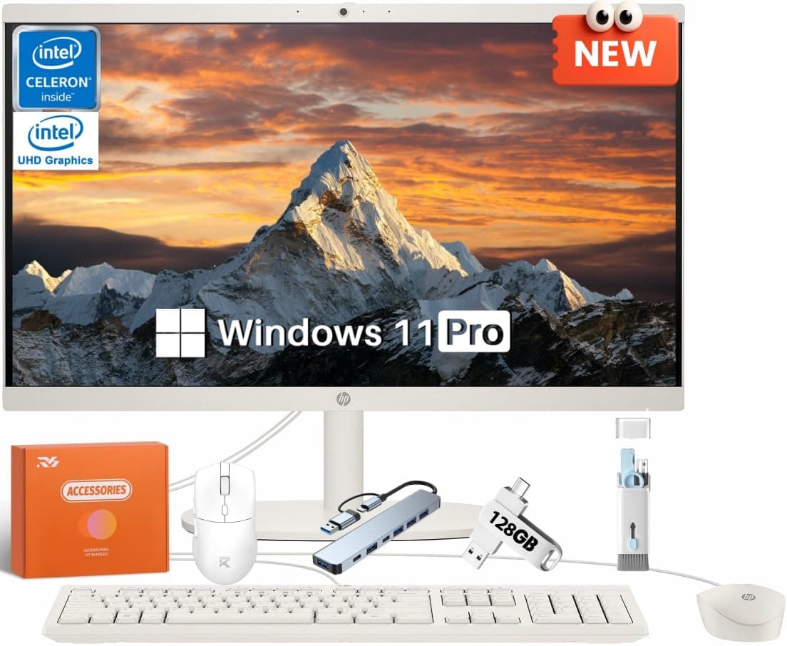 HP All-in-One de Escritorio para Hogar, Pantalla FHD de 21.5", 32 GB RAM, SSD de 1 TB, Intel Celeron J4025 (2.90 GHz), Intel UHD Graphics 600, Webcam, Wi-Fi 6, Bluetooth, HDMI, Windows 11 Pro, Teclado y Mouse con Cable 22DG0024