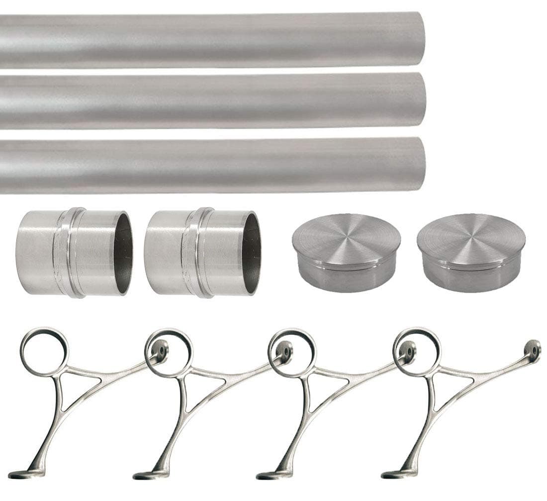 Top Hardware juego de riel para pies para barra extra largo 2" OD - 18 ft, acero inoxidable cepillado, conectores internos, soportes combinados y tapas planas FTXRA-RL-F-2"-18