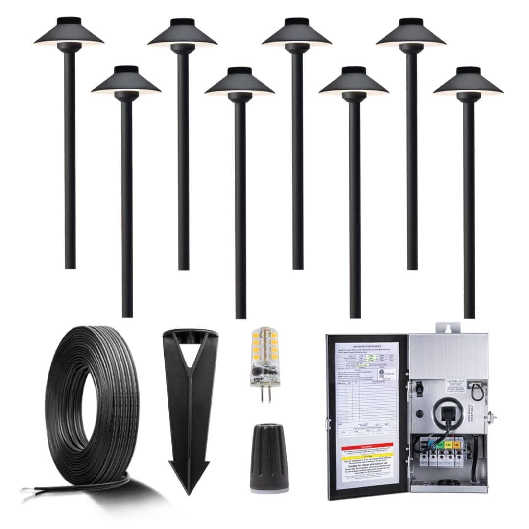 Gardenreet kit 8 luces de camino latón negro 12V con transformador 150W temporizador y cable 100FT Path-2401-Black-8-Kit