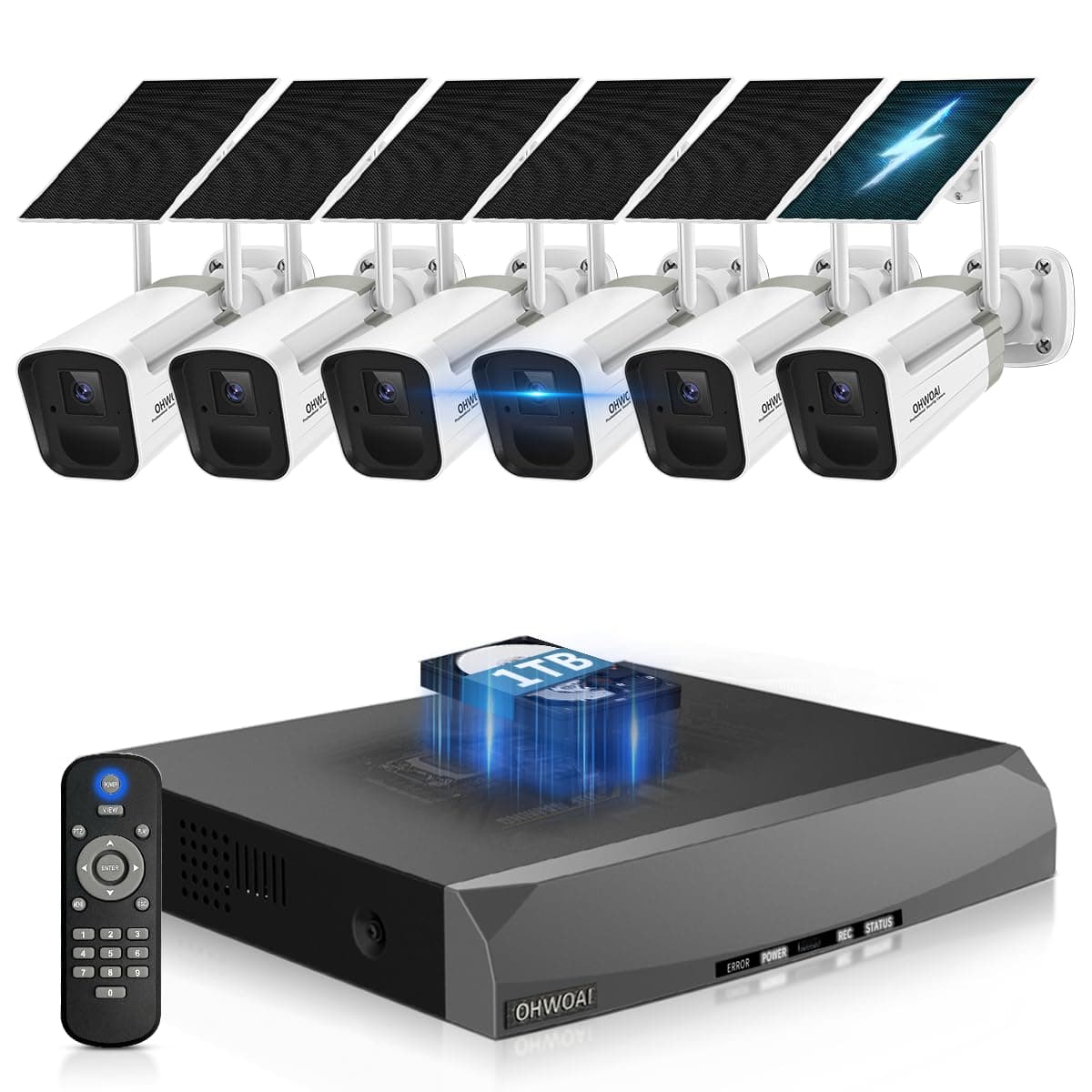 OHWOAI «100% SIN CABLES» Sistema de Cámaras de Seguridad Exterior Inalámbricas, Cámaras WiFi Solares con Detección de Movimiento PIR, Kits DVR de Videovigilancia para el Hogar CSOH-11SD4MP02