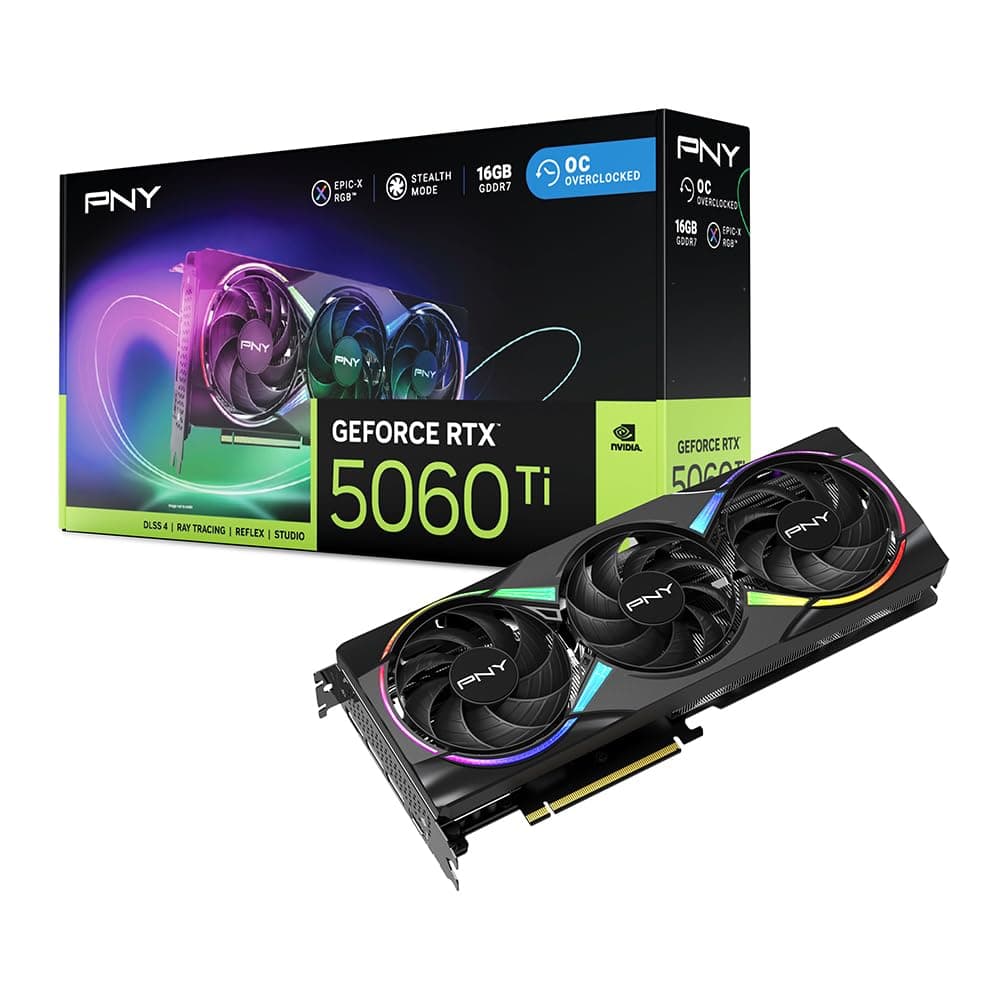PNY NVIDIA GeForce RTX 5060 Ti Epic-X ARGB OC Triple Fan, Tarjeta de Video (16GB GDDR7,128 bits, Velocidad Boost 2692 MHz, Compatible con SFF, PCIe 5.0, HDMI/DP 2.1, 2 ranuras, Arquitectura NVIDIA Blackwell, DLSS 4) VCG5060T16TFXXPB1-O