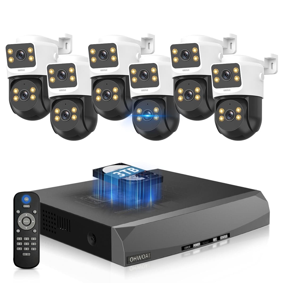 OHWOAI «Sistema de Cámaras de Seguridad 4K PoE con Doble Lente y Auto Seguimiento» Cámaras PTZ para Vigilancia Exterior con Visión Nocturna a Color, Kits DVR de Vigilancia CSOH-02SQP8MP04+04