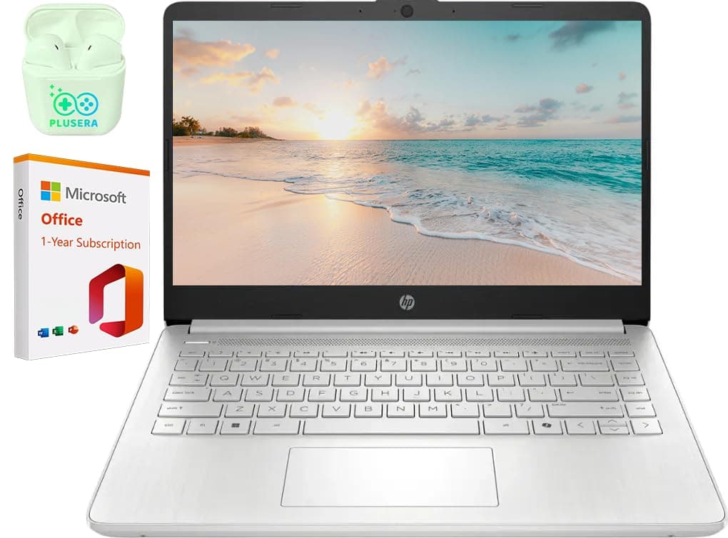 Laptop HP 14" LED para Negocios, 32 GB RAM, 640 GB Almacenamiento (128 GB UFS + 512 GB tarjeta SD), Procesador Intel Quad-Core N150, Windows 11 S y 1 año de Microsoft Office 365 incluido, Auriculares PLUSERA, Plateado
