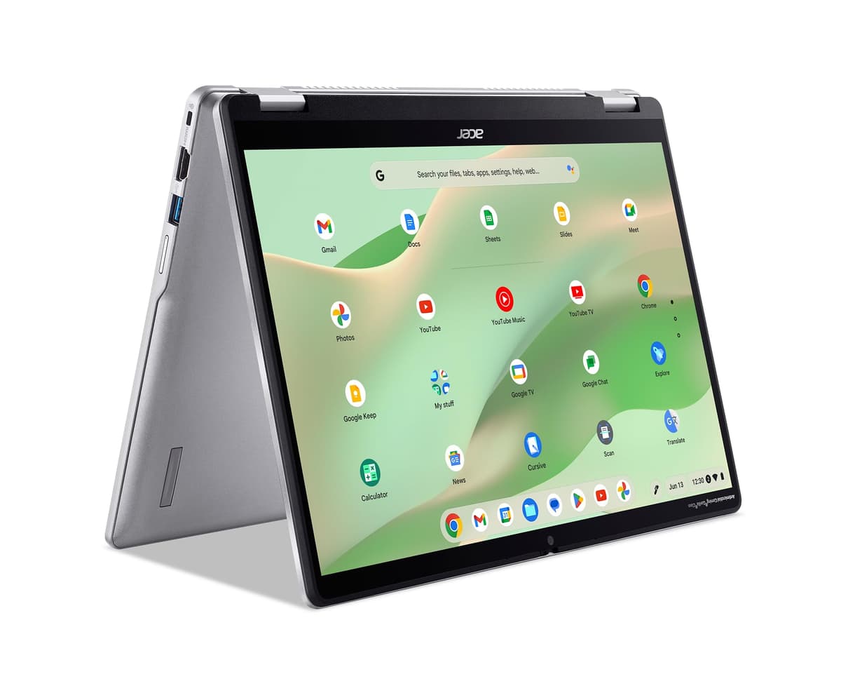 acer Chromebook Spin 314 CP314-2HN-P3AR Laptop Convertible Procesador Intel N200 Pantalla táctil Corning Gorilla Glass IPS WUXGA de 14" 4GB LPDDR5 64GB eMMC Wi-Fi 6E Webcam HD Chrome OS NX.KWHAA.002
