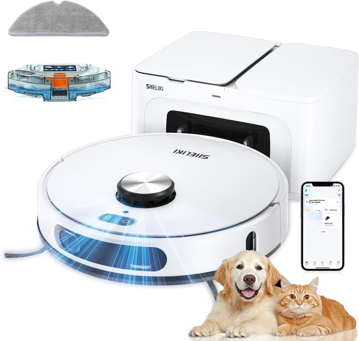 SHELIKI D60S MAX Robot Aspiradora y Fregasuelos 3-en-1 con Base Autovaciado 70 Días, LiDAR, 6000Pa D60S MAX White