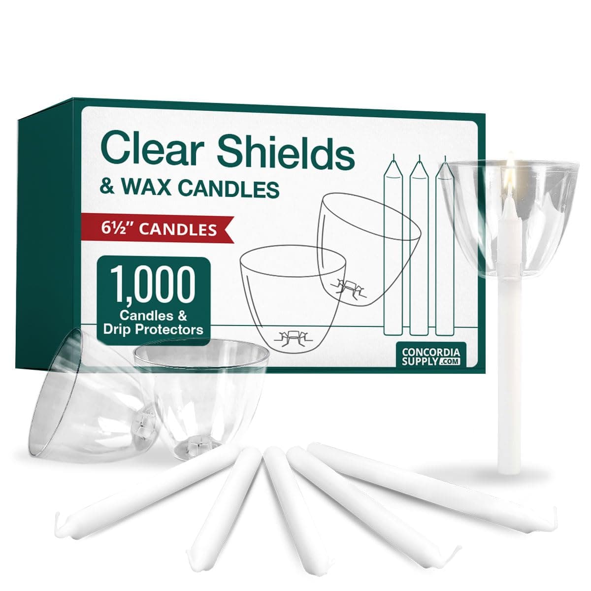 Velas Concordia Supply con Protectores contra Goteo - Velas de 6.5" x 1/2" con Protector de Plástico Transparente para Protección contra Viento y Goteo, Ideal para Velas, Servicios Conmemorativos y Congregacionales (Juego de 1000) 624029