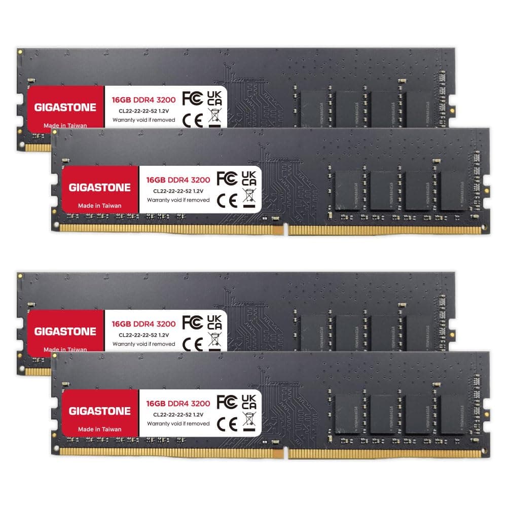 【DDR4 RAM】 GIGASTONE Kit 64GB (4x16GB) DDR4 3200MHz (2933MHz o 2666MHz) PC4-25600 (PC4-23400, 21300) CL22 1.2V UDIMM 288 pines Sin búfer No ECC Memoria de alto rendimiento para PC de escritorio