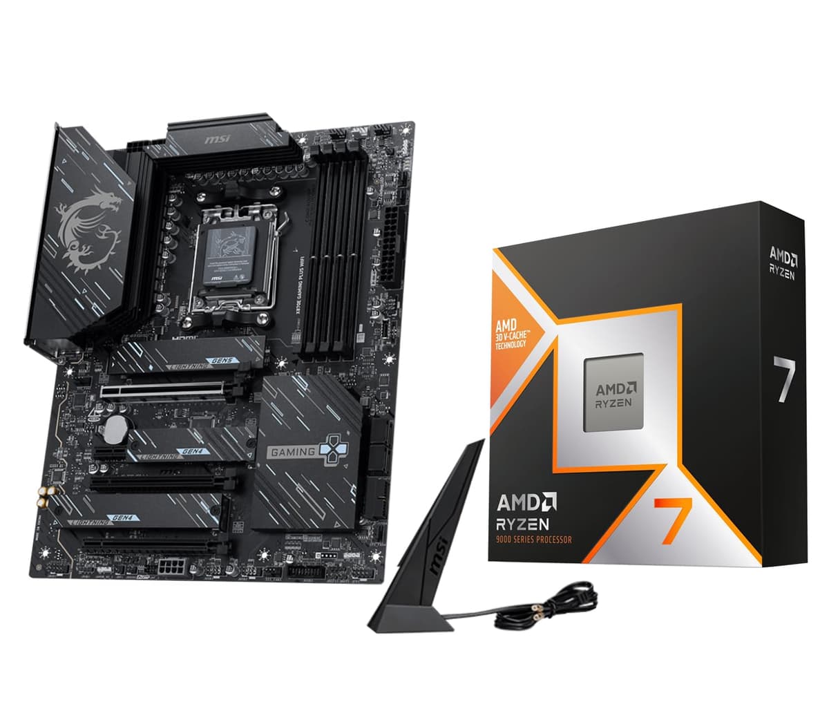 MICRO CENTER Procesador CPU AMD Ryzen 9 9900X con Placa Madre MSI X870E Gaming Plus WiFi (ATX, AM5, DDR5, PCIe 5.0, M.2 Gen5, Wi-Fi 7) 9800X3DX870EGAMING