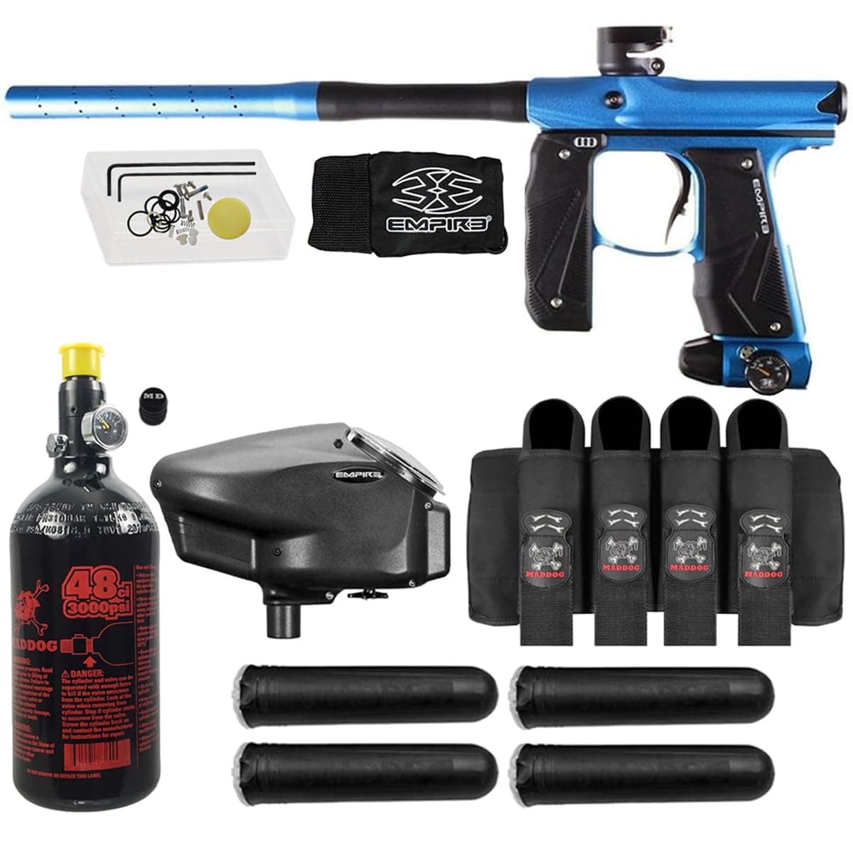 Maddog Empire Mini GS Full Auto con tanque HPA 48/3000, cargador Empire Halo Too y arnés 4 pods - Dust Blue/Black