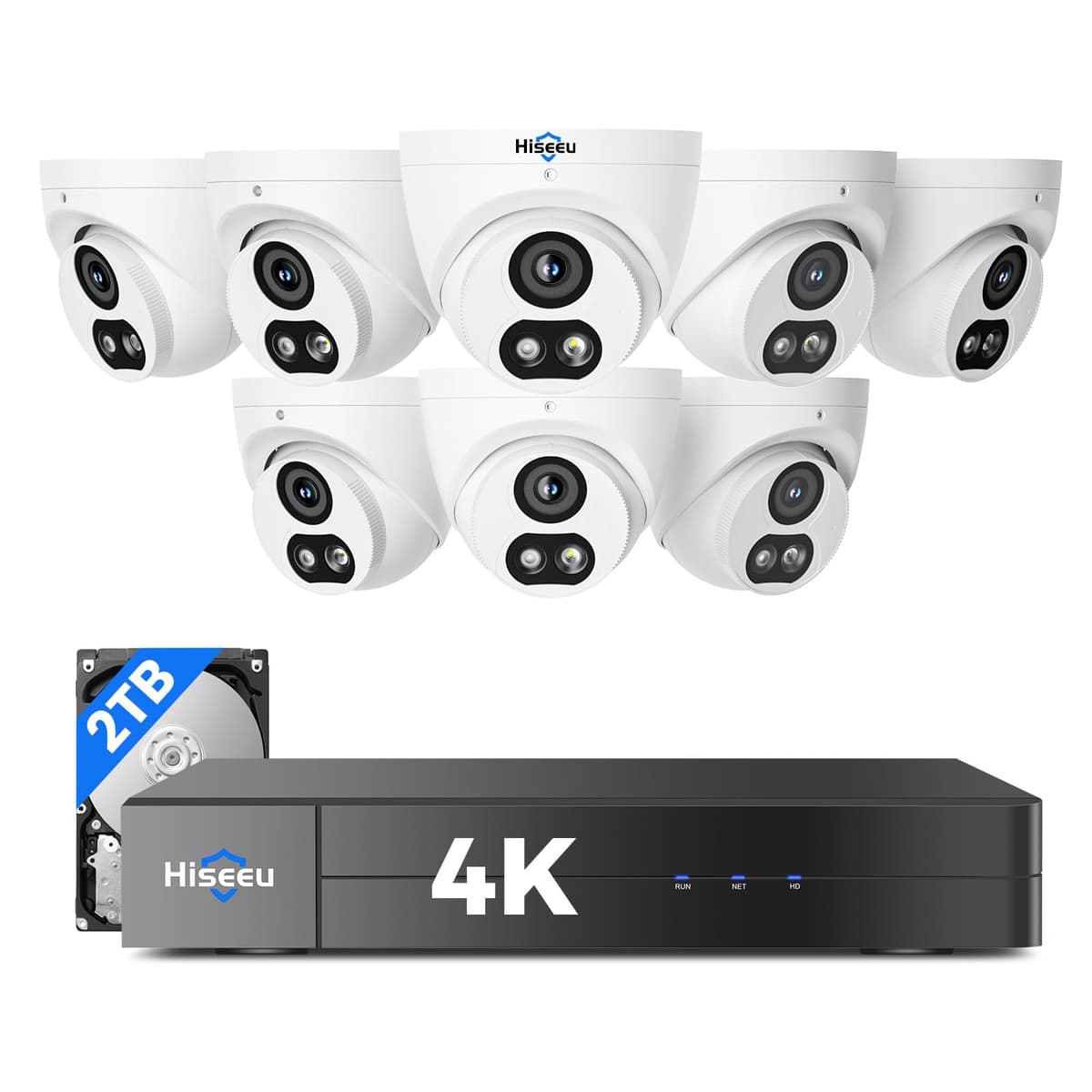 【121°Campo de Visión+4K HD】 Sistema de Cámaras de Seguridad Hiseeu 4K, 8 Piezas 8MP PoE para Exterior e Interior, Sin Cuota Mensual, Detección Humano/Vehículo, Reproducción Inteligente, Disco Duro 2TB para Vigilancia 24/7 PK-8YHC88-BT