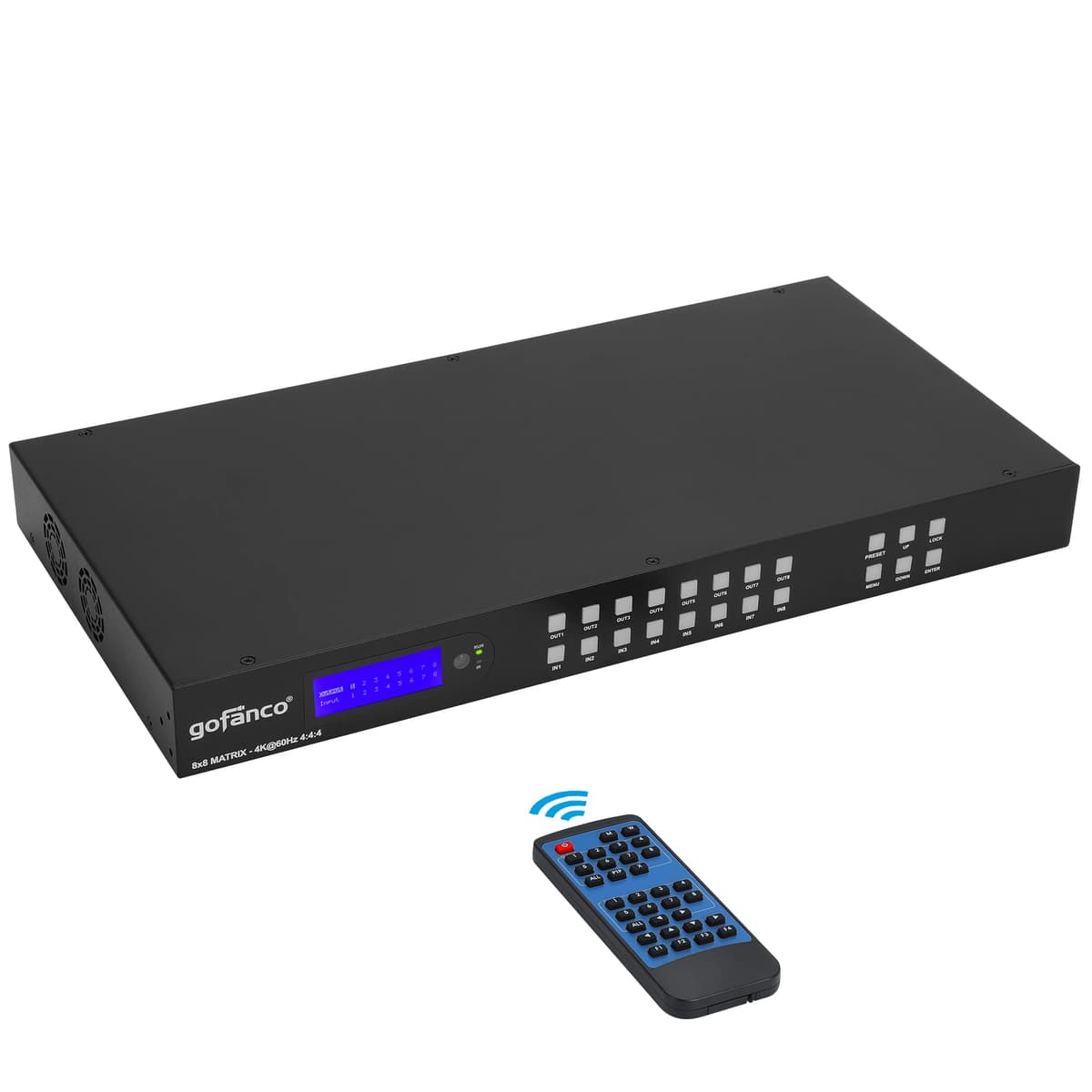 gofanco Matriz HDMI 8x8 con Pantalla LCD - 1U, 4K 60Hz 4:4:4, HDCP 2.2/1.4, Escalado Automático, Compatible con Dolby Vision, HDR, HDR10, HLG, Atmos, Inserción/Extracción de Audio, EDID, Interfaz Web (Matrix88HD2)
