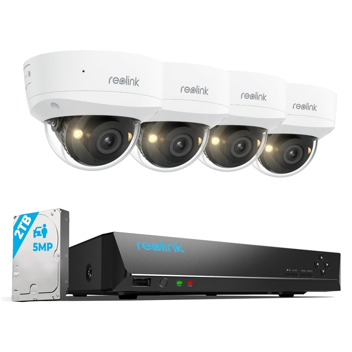 Reolink Sistema de Seguridad para el Hogar 8CH 5MP, 4 cámaras PoE 5MP IK10 antivandálicas para exterior, 130° gran angular, visión nocturna a color, detección inteligente por IA, audio bidireccional, NVR 8CH HDD 2TB, RLK8-500V4