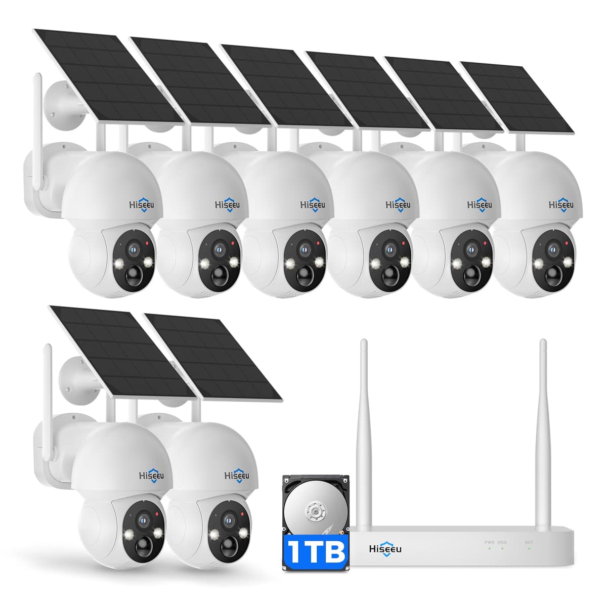 Cámara Solar Inalámbrica Hiseeu para Exteriores, Sistema de Seguridad para el Hogar, WiFi 2.4G y 5G, Kit de 8 Cámaras 4MP con Energía Solar, Visión Nocturna a Color, Vista 360°, Pan y Tilt, Grabación Local en HDD de 1TB, Sin Cuotas Mensuales WK-8TD504-1T