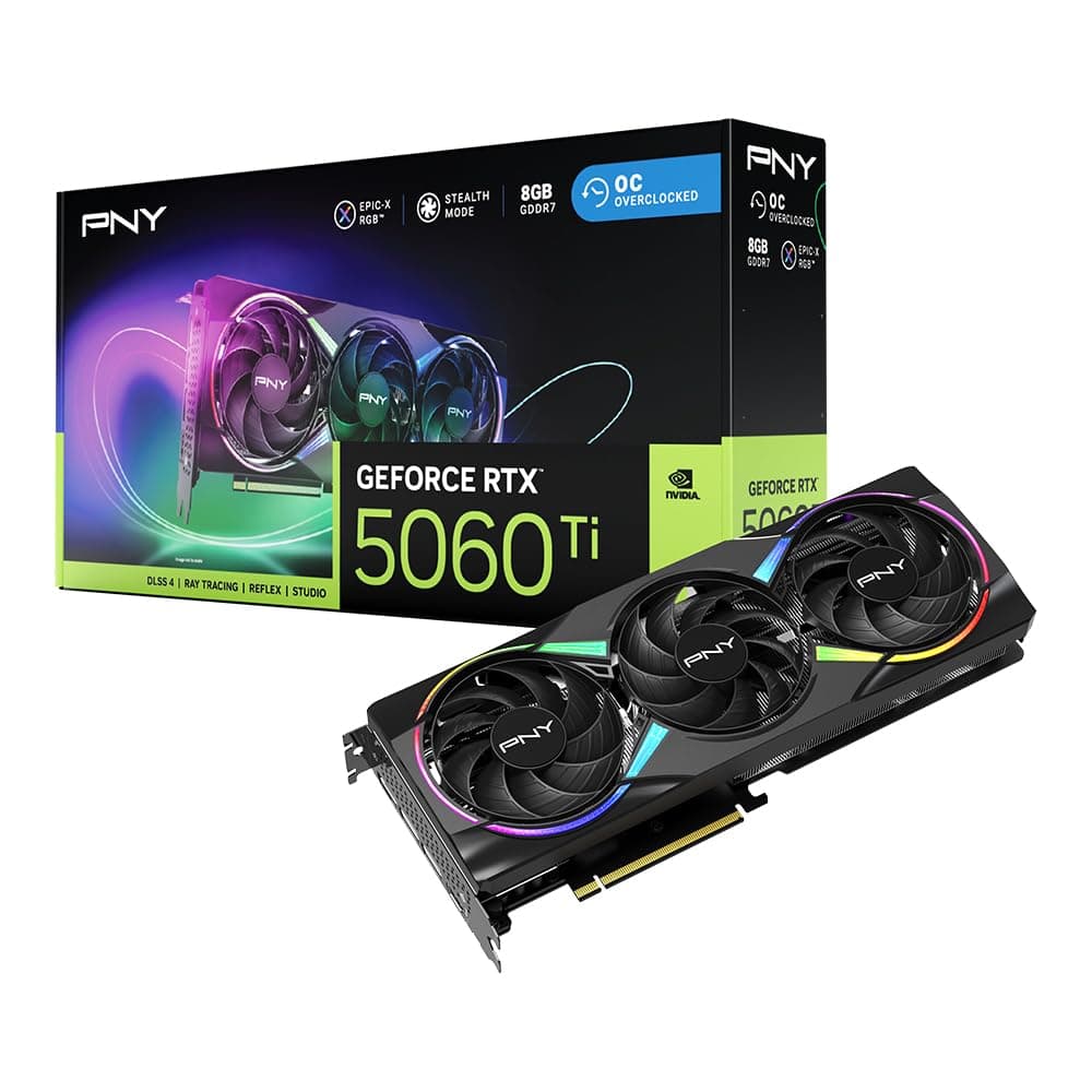 PNY NVIDIA GeForce RTX 5060 Ti Epic-X ARGB OC Triple Fan, Tarjeta Gráfica (8GB GDDR7,128 bits, Velocidad Boost: 2692 MHz, SFF-Ready, PCIe 5.0, HDMI/DP 2.1, 2 ranuras, Arquitectura NVIDIA Blackwell, DLSS 4) VCG5060T8TFXXPB1-O